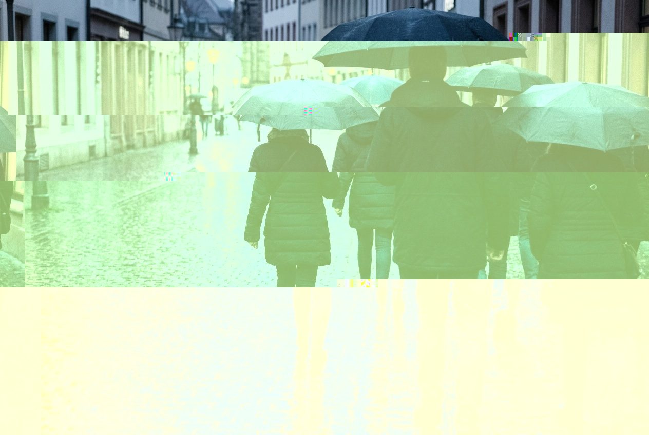 Menschen mit Regenschirmen in der Dämmerung auf einer Stadtstraße, von hinten aufgenommen, ohne erkennbare Personen